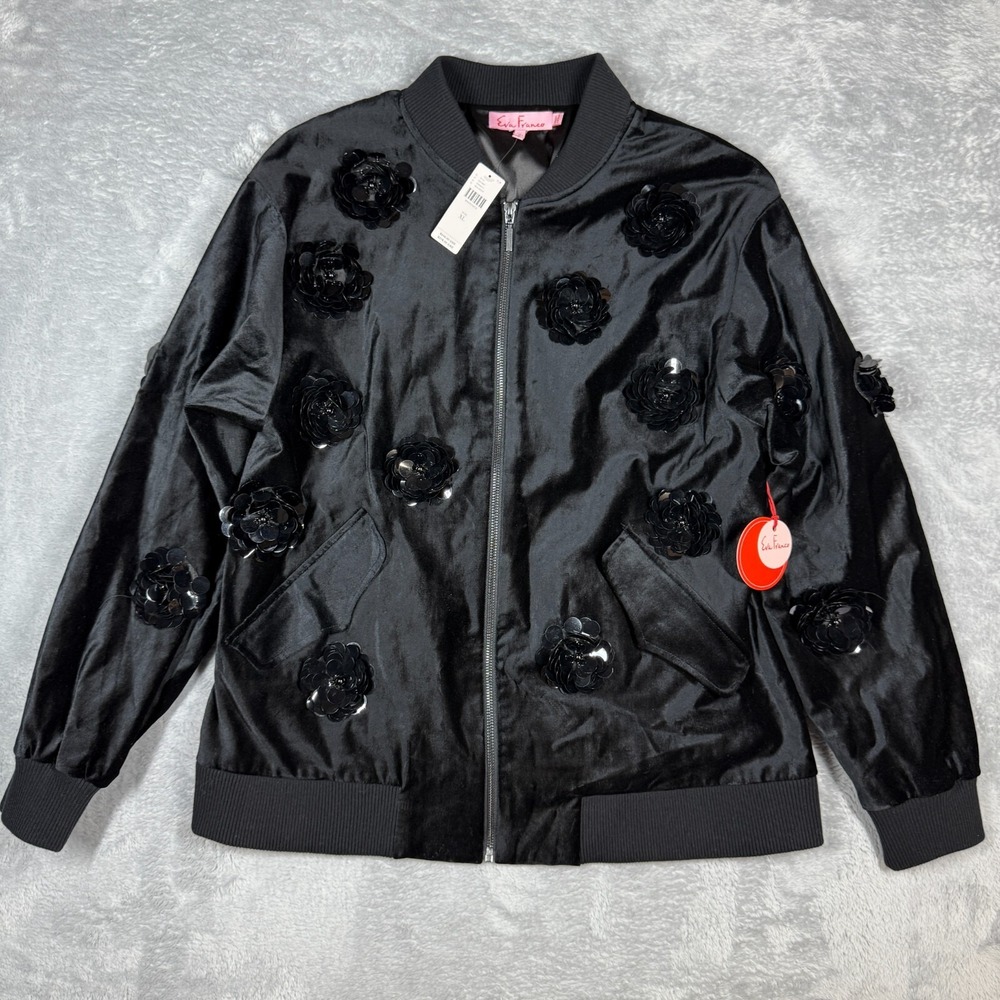 Anthropologie Eva Franco Bomber Jacket Black Sequin Flower XL NWT